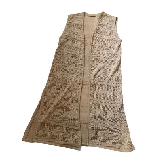Crochet open knit long sleeveless cardigan sz M beige - Picture 4 of 8